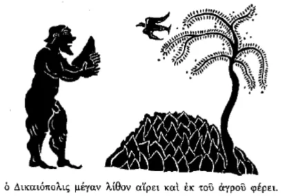 Dikaeopolis carries a big stone out of this field Dikaeopolis